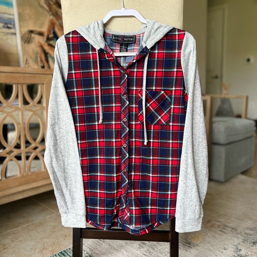 Polly & Esther Red & Gray Plaid Flannel Hooded Sweater - Size Women’s Large